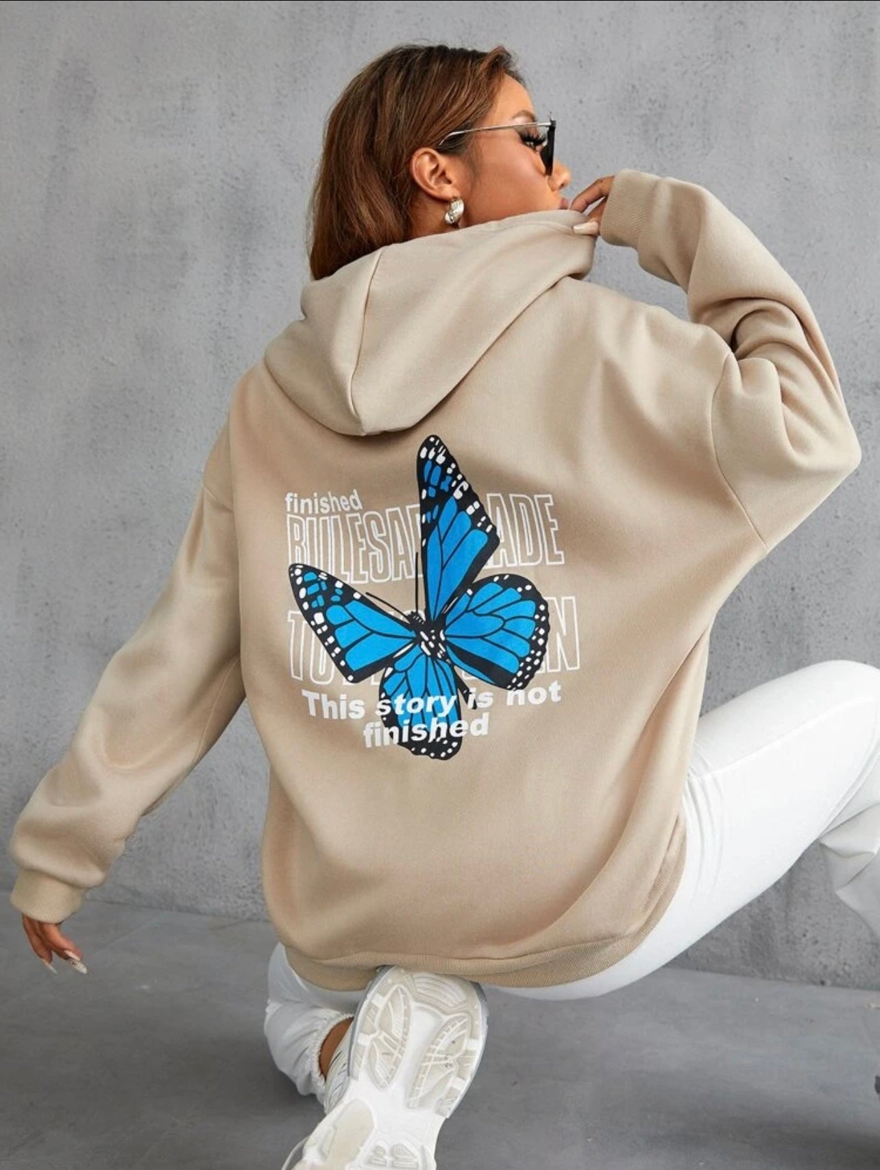 Blue Butterfly Beige Hoodie